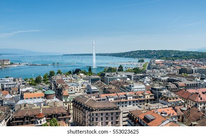 Panoramic view  of Geneva including Lake and famous fountain..