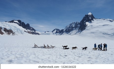 Panoramic View Of A Glacier And Its Surrounding Mountains With A Group Of People, Huskies And A Dog Sled