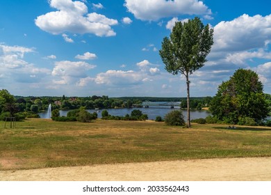 Panoramic view to Glienicke Bridge, where agents were exchanged during the Cold War. The bridge spans the Havel River to connect Berlin and Potsdam. The Bridge is symbol of German Reunification.