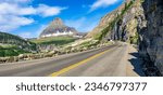 Panoramic view of Going-To-The-Sun road in Glacier National Park, Montana with Clements Mountain and the East Side tunnel in the background