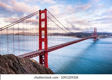 Panoramic view of Golden Gate Bridge connecting San Francisco and Marin Headlands, on a cloudy afternoon - Shutterstock ID 1091329328