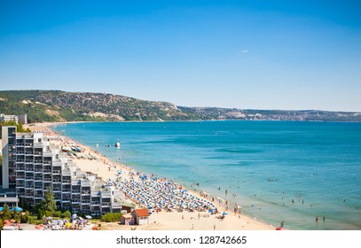 Panoramic view of Golden Sands beach (Zlatni Piasci) in Bulgaria.