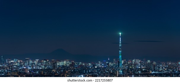 Panoramic View Of Greater Tokyo Area City Scape With Tokyo Skytree  At Night.