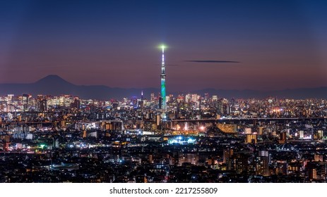 Panoramic View Of Greater Tokyo Area City Scape With Tokyo Skytree  At Night.