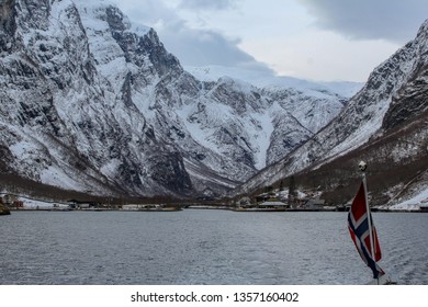 Panoramic View Of Gudvangen During A Boat Trip In Winter, Nærøyfjord, Norway