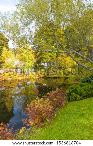 Panoramic view of Hadlock Pond in foliage season. Tree colors of Acadia National Park, Maine.