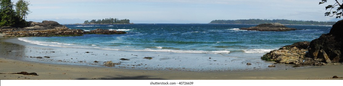 Panoramic View Of The Half Moon Bay In The Pacific Rim National Park At Vancouver Island, British Columbia, Canada