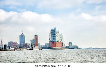 panoramic view of Hamburg city and Elbphilharmonie, a concert hall in the Hafen City quarter of Hamburg