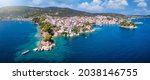 Panoramic view to the harbor and town of Skiathos island, Sporades, Greece, with Bourtzi peninsula and Plakes area in front