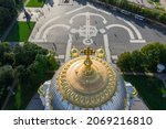 Panoramic view from the height of the Naval Cathedral of St. Nicholas the Wonderworker in Kronstadt. Anchor Square. Kotlin Island