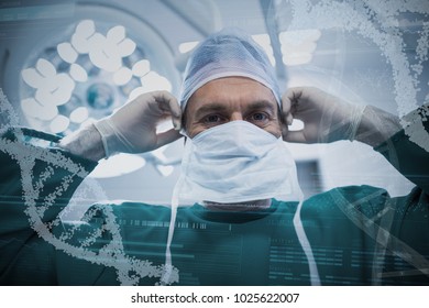 Panoramic view of helix pattern information on device screen against portrait of surgeon in operation room