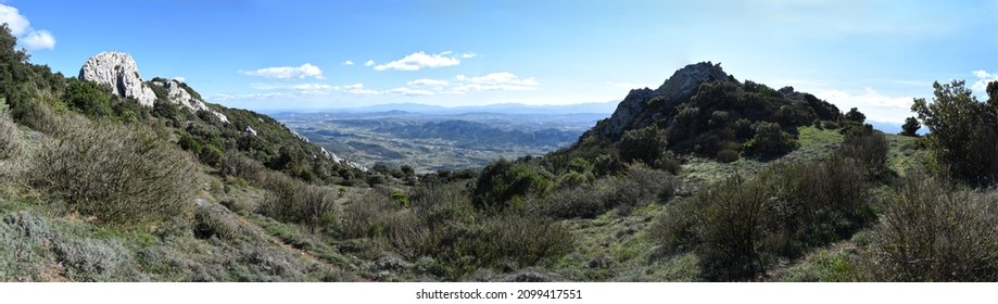 Panoramic View From High Above The Commune Of Maury, Located In The Canton Of La Vallée De L'Agly And In The Arrondissement Of Perpignan In The  Pyrénées-Orientales Department In Southern France.