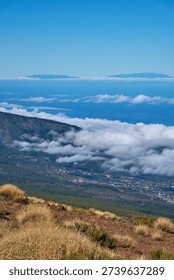 Panoramic view from high elevation above Teide National Park looking down over Puerto de la Cruz, pine forest, and the Atlantic Ocean with a band of clouds on the horizon