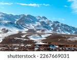 Panoramic view of  hills around The Tian Shan or Tengri Tagh. Tian Shan is a large system of mountain ranges located in Central Asia. 