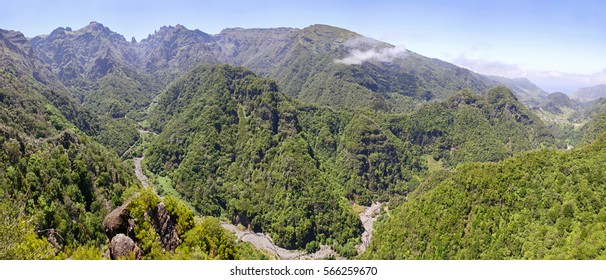 Panoramic View Of Hills With Laurel Forest On Madeira Island, Portugal. Laurel Forest (also Called Laurisilva) On Madeira Classified As A UNESCO World Heritage Site