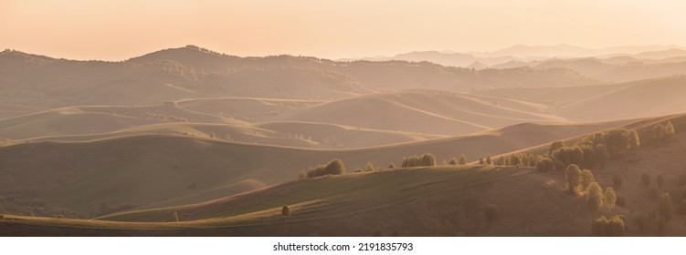 Panoramic View Of The Hills And Mountain Slopes In The Sunset Light, Rural Landscape