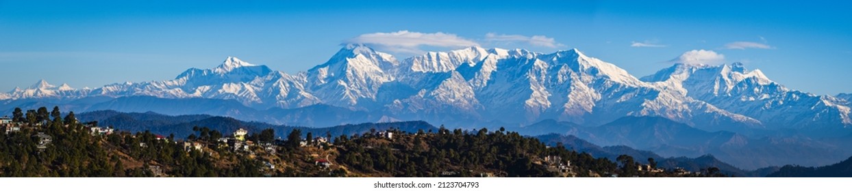 Panoramic view of Himalayan Mountain Ranges at Kasardevi, Nanital, Uttarakhand, Kumani Range. Himalaya Panoramic photography 