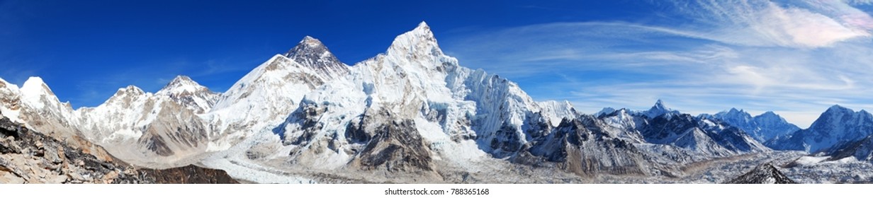 Panoramic view of himalayas mountains, Mount Everest and Khumbu Glacier from Kala Patthar - way to Everest base camp, Khumbu valley, Sagarmatha national park, Nepalese himalayas