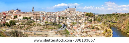 Panoramic view of the historic city of Toledo with river Tajo, Spain.