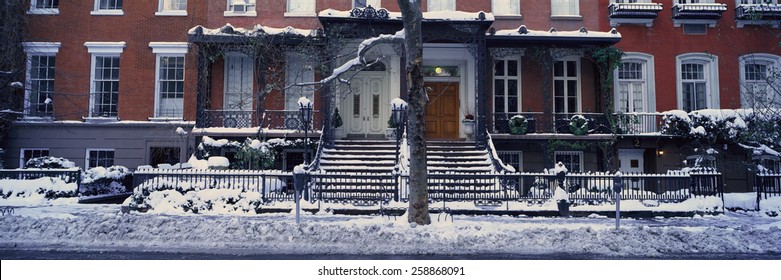 Panoramic View Of Historic Homes And Gramercy Park, Manhattan, New York City, New York After Winter Snowstorm