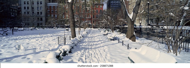 Panoramic View Of Historic Homes And Gramercy Park, Manhattan, New York City, New York After Winter Snowstorm