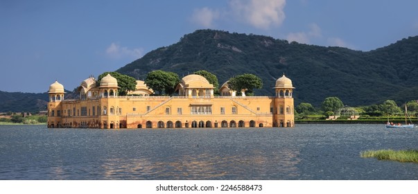 Panoramic view of historic Jal Mahal  in the middle of the Man Sagar Lake at Jaipur city, Rajasthan, India.