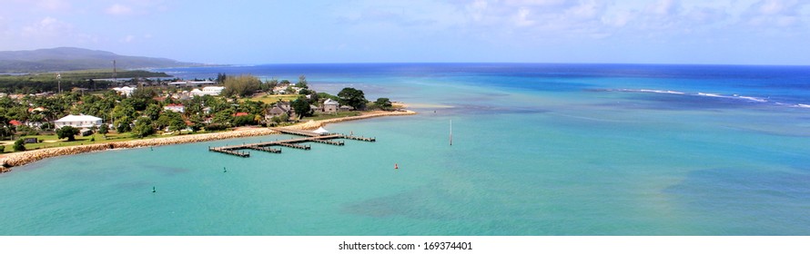 Panoramic view of the historic town of Falmouth, Jamaica. The photo has been taken from the observatory deck of a huge cruise ship, docked in the newly opened Port of Falmouth.