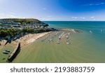 Panoramic view of the holiday resort town of New Quay on the West Wales coast in mid summer (Cardigan Bay)