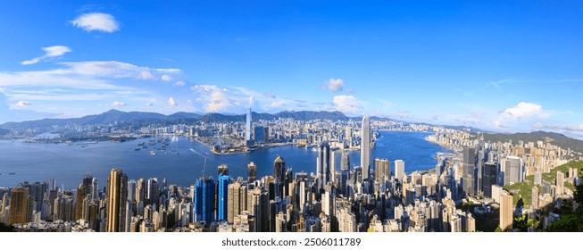 Panoramic View of Hong Kong Skyline and Victoria Harbour from Above - Powered by Shutterstock