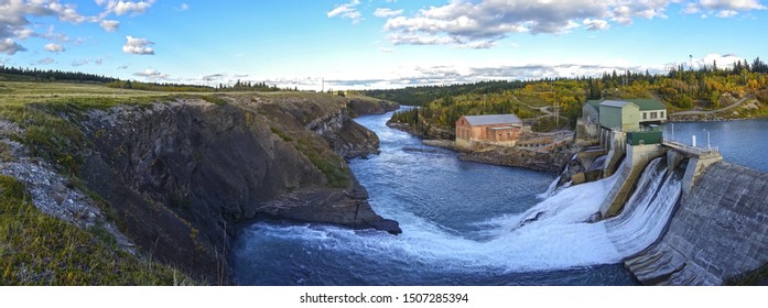 Panoramic View Of Horseshoe Falls Dam At Bow River, Rocky Mountains Foothills West Of Calgary.  Massive Concrete Structure Was The First Sizeable Hydroelectric Facility In Alberta, Canada