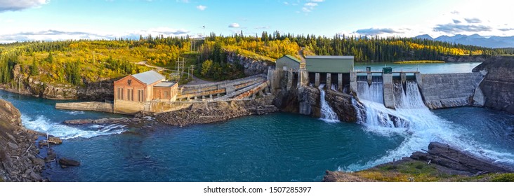 Panoramic View of Horseshoe Falls Dam at Bow River, Rocky Mountains Foothills west of Calgary.  Massive Concrete Structure was the first sizeable hydroelectric facility in Alberta, Canada