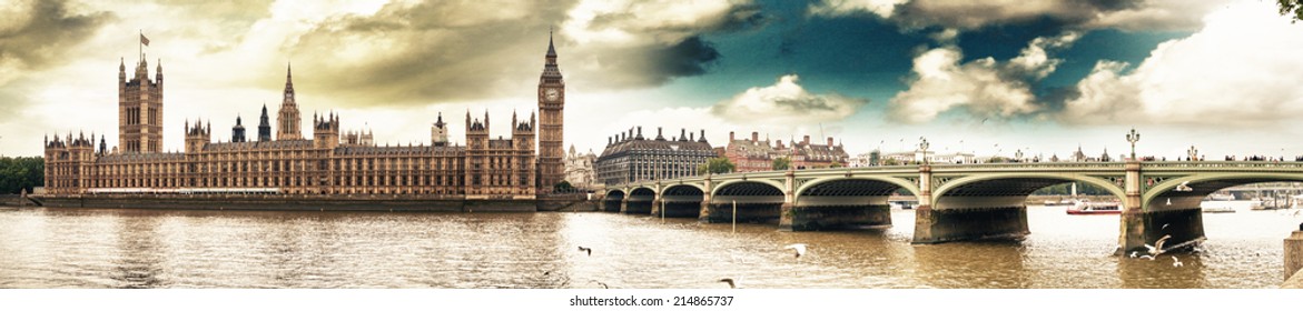 Panoramic View Of Houses Of Parliament And Westminster Bridge - London.