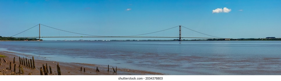 Panoramic view of The Humber Bridge, near Kingston upon Hull, East Riding of Yorkshire, England, United Kingdom