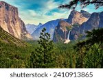 A panoramic view of the iconic Yosemite Valley in the Springtime, showing Bridalveil Falls and El Capitan.