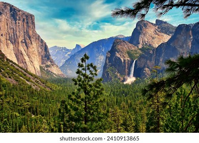 A panoramic view of the iconic Yosemite Valley in the Springtime, showing Bridalveil Falls and El Capitan. - Powered by Shutterstock