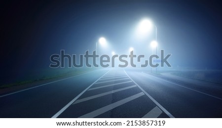 Panoramic view of the illuminated new highway in a fog at night, street lights close-up. Moonlight. Dark urban scene. Europe. Transportation, logistics, travel, tourism, road trip, freedom, driving