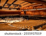 Panoramic view of the impressive blue whale hall inside the Kirchner cultural center in Buenos Aires, Argentina. Huge auditorium inside the CCK, Buenos Aires, Argentina. Great orchestra