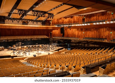 Panoramic view of the impressive blue whale hall inside the Kirchner cultural center in Buenos Aires, Argentina. Huge auditorium inside the CCK, Buenos Aires, Argentina. Great orchestra