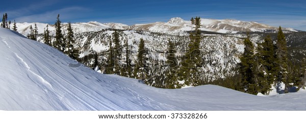 Panoramic view of the Indian\
Peaks Wilderness from the trails above Eldora , near Boulder,\
Colorado.
