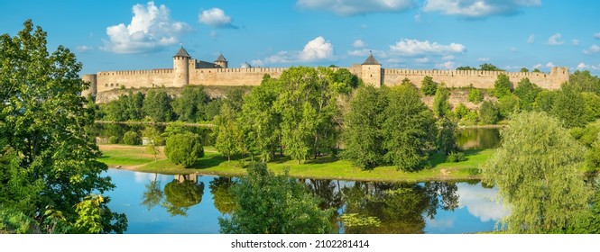 Panoramic view to Ivangorod fortress on the border of Russia and Estonia at the Narva riverside