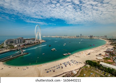Panoramic view of the JBR beach and Bluewaters Island Dubai.
