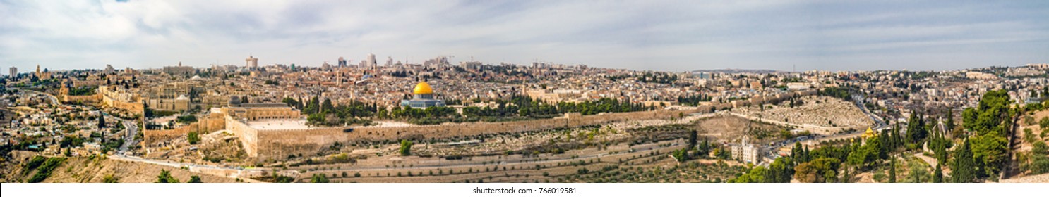 Panoramic view to Jerusalem old city from the Mount of Olives, Israel.