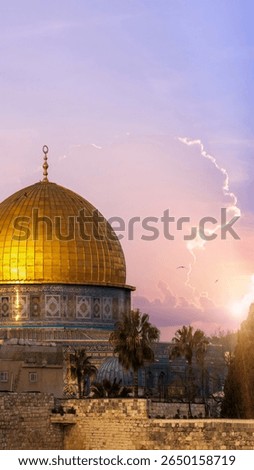 Panoramic view of Jerusalem Old City Western wall, Al Aksa, Dome of the Rock and Temple Mount.