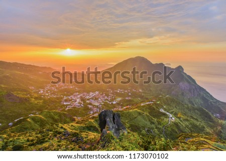 Panoramic View of Jiufen, JinGuaShih, Keelung Mountain and Yinyang Sea from the Peak of Teapot Mountain At Sunset , Ruifang District, New Taipei City, Taiwan