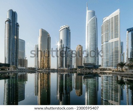 Panoramic view of Jumeirah Lakes Towers in Dubai during morning, United Arab Emirates