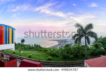 Panoramic View of Kailasagiri Hill overlooking Vizag City and the Beach. It is a hilltop park in the city of Vizakhapatnam, the hill at 360 feet overlooks beaches, forests and the city of Vizag