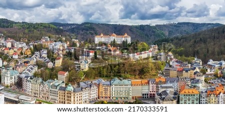 Panoramic view of Karlovy Vary city center from hill, Czech republic