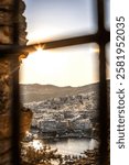 Panoramic view of Kavala city Greece from the Byzantine fortress or castle, near Panagia church, sunset colors.