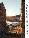 Panoramic view of Kavala city Greece from the Byzantine fortress or castle, near Panagia church, sunset colors.