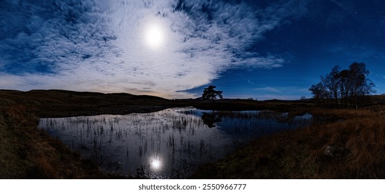 A panoramic view of Kelly Hall Tarn in the English Lake District on a Moonlit night - Powered by Shutterstock